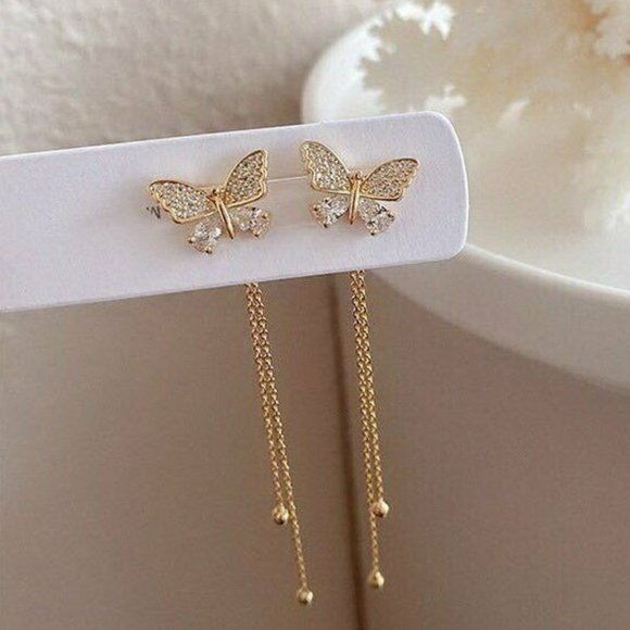 Jewelry - Gold Sterling Siver Butterfly Diamond Crystal Tassel Stud Earrings Party Gift